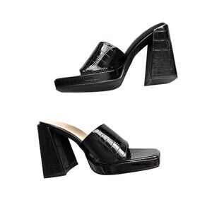 RAID Black Slip On Heels NEW Patent Croc Embossed Platform Open Toe 4.5” Size 7
